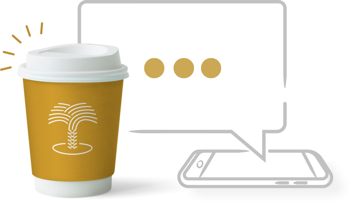 טלפון המקבל הודעה לצד כוס עם הלוגו של בנק ירושלים